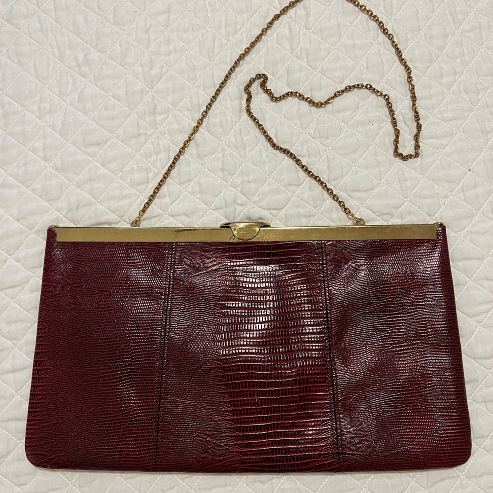 Ezra Vintage Oxblood Lizard-Embossed Leatger Clutch with Gold Chain
